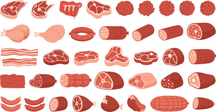 Raw and processed meat products collection with steaks, sausages, bacon, chicken and deli cuts in flat cartoon vector illustration set