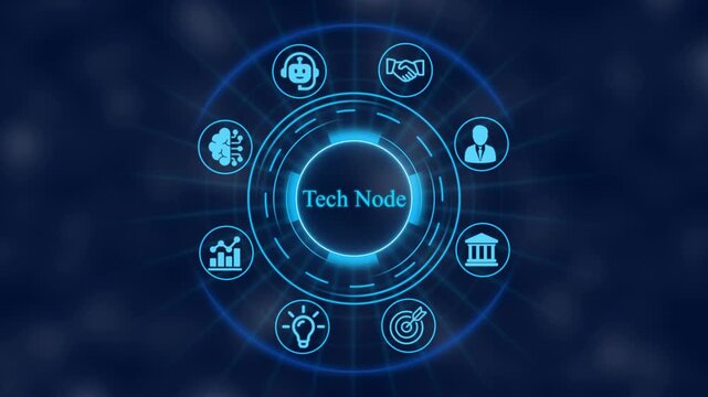 Digital tech node interface with animated business and network connectivity hud for corporate data visualization
