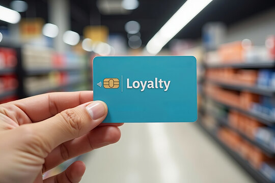 Hand holding sleek loyalty card with visible member and reward points, against blurred retail store aisle.
