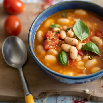 guiso de alubias blancas con tomate y albahaca fresca en un bol azul sobre tabla de madera