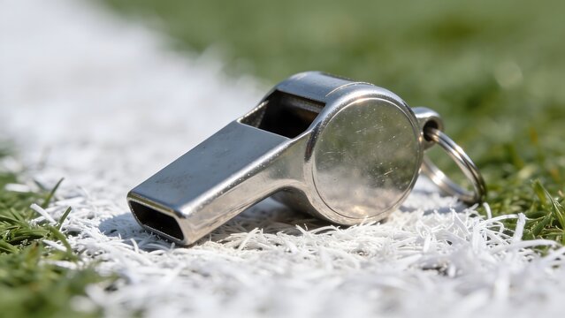 Shiny metal referee whistle resting on a white line of a green artificial sports field.