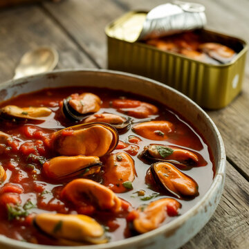 Mejillones en salsa de tomate o escabeche servidos en un cuenco con lata de conserva de fondo