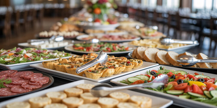 Buffet table at a restaurant event with catering platters of salad, appetizers, beef salami, cold cuts, and bread slices with serving tongs