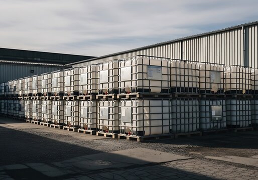 Large plastic industrial water tanks stacked outside a warehouse factory building. ibc container