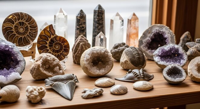 Collection of Natural Wonders - Fossils, Crystals, and Geodes Displayed.