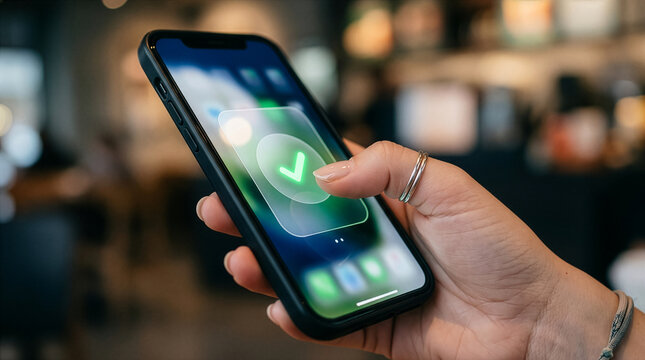 Close up view of a person holding a smartphone displaying a checkmark graphic in natural ambient light