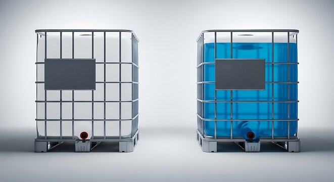 Two industrial intermediate bulk container ibc tanks one empty and one filled with blue liquid. ibc container