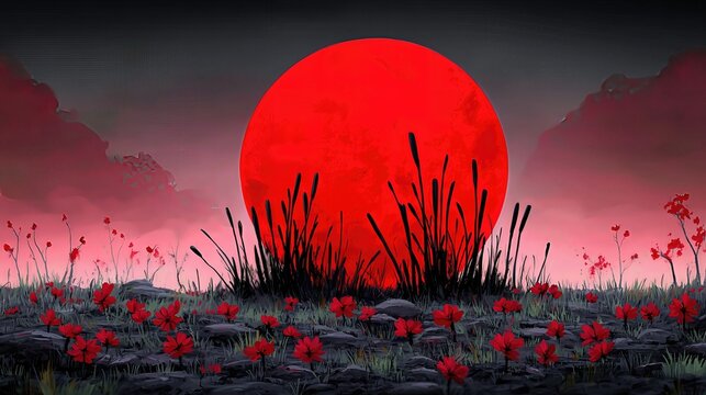 Red Moonrise Over Dark Red Flower Field in Pixel Art Style