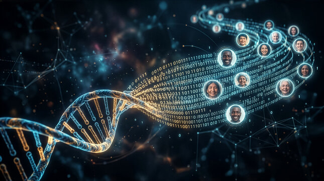 Double Helix Molecular Structure with Abstract People and Information Overlay Representing Biological Science and Human Connection