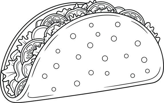 Black and white line art illustration of a classic soft shell taco with lettuce and tomato filling