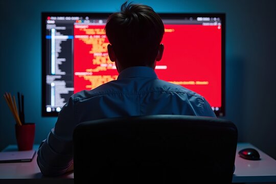 Businessman Faces Cyber Crisis: Red Ransomware Messages Flashing on Hacked Computer Screen
