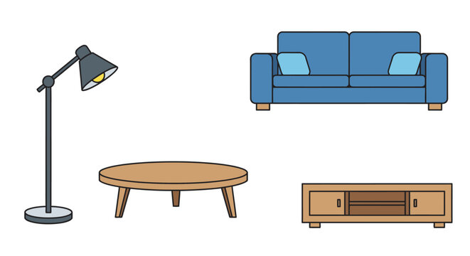 Modern living room furniture icon set with sofa table lamp and tv stand