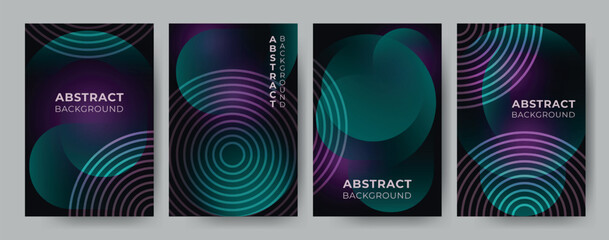 Set of four abstract vertical posters featuring thin concentric circles and glowing spheres. Futuristic cosmic theme with teal and purple gradients on dark background © Helen