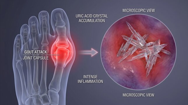 Detailed medical illustration of a gout attack in the big toe joint, highlighting the painful inflammation caused by the microscopic accumulation of uric acid crystals within the human foot, depicting
