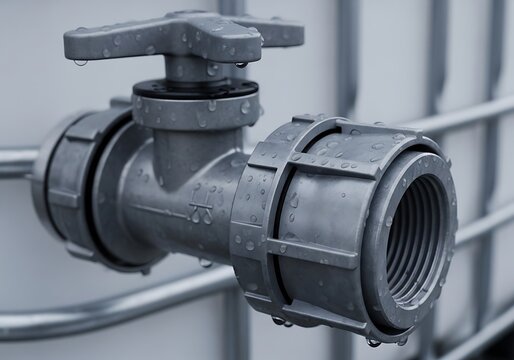 Industrial plastic water valve handle attached to a metal container tank. ibc container