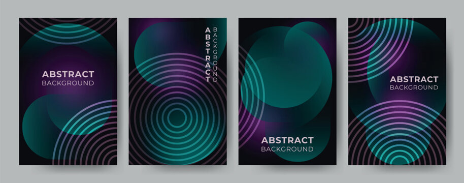 Set of four abstract vertical posters featuring thin concentric circles and glowing spheres. Futuristic cosmic theme with teal and purple gradients on dark background