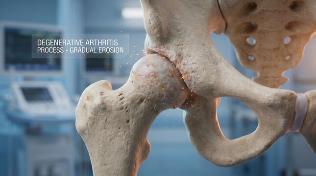 Detailed 3D medical illustration showcasing degenerative arthritis in a human hip joint, highlighting the progressive erosion of cartilage that causes chronic pain and reduced mobility