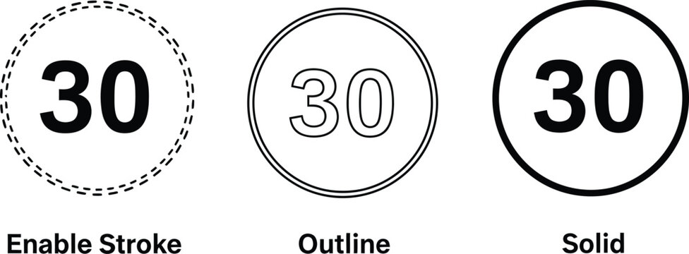 Number 30 variations dashed stroke outline and solid circle designs for graphic projects