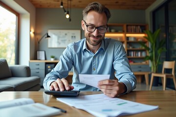 Fototapeta premium Businessman calculating expenses for an eco-friendly home renovation in a modern office with a calculator and invoice.