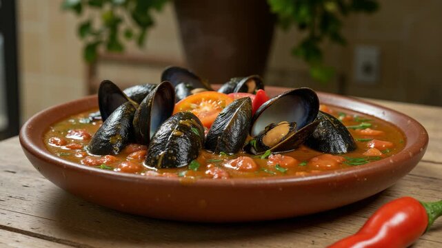 Delicious seafood dish with fresh clams and vegetables served on rustic wooden table.