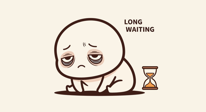 Sad, tired character with dark circles under eyes, waiting with hourglass