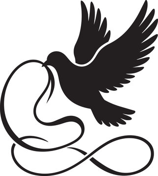 Black silhouette dove flying with infinity symbol isolated on transparent background, Vector