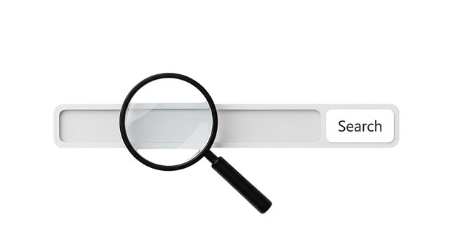 Magnifying glass over search bar on computer screen isolated on transparent background