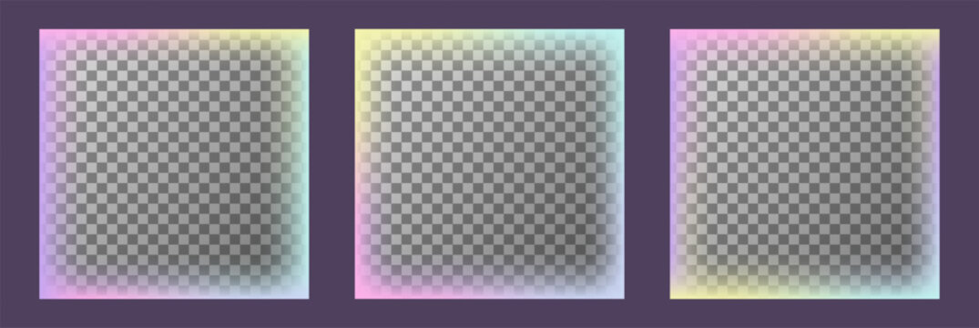 Square gradient border overlay set. Holographic pastel rainbow frames. Transparent frames great for social media post, banner, poster