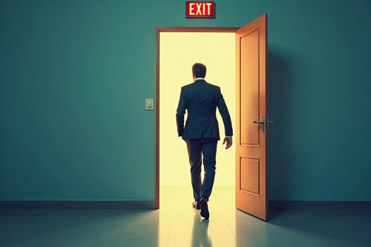 Businessperson Exiting Office with Exit Sign Symbolizing Resignation or Termination