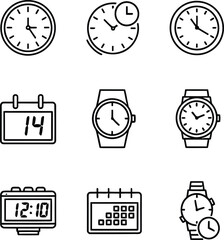 Fototapeta premium Time management icons set clocks watches calendars and digital timers in linear style