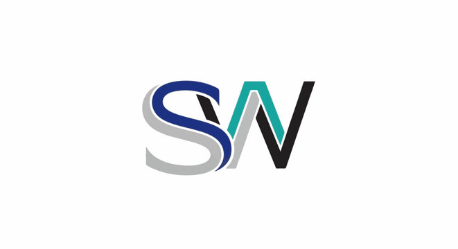 Intertwined stylized letters S and W in blue, grey, teal, and black