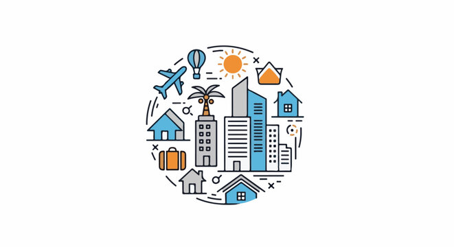 Icons depicting travel and city living in a circular design