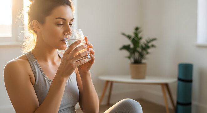 A woman drinking a glass of fresh water after a workout at home