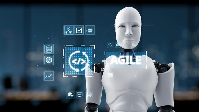 A lifelike robot interacts with projected digital elements, embodying the fusion of technology and agile practices in a contemporary workspace, signifying innovation and efficiency. Synapse