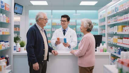 Obraz premium Pharmacist assisting senior customer in pharmacy