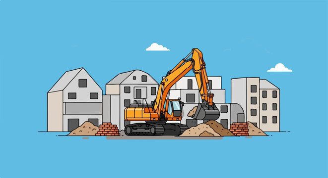 Excavator digging at a construction site with houses and sky