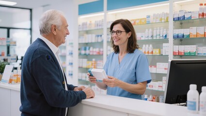 Fototapeta premium Pharmacist assisting senior customer in pharmacy