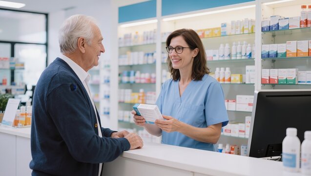 Pharmacist assisting senior customer in pharmacy