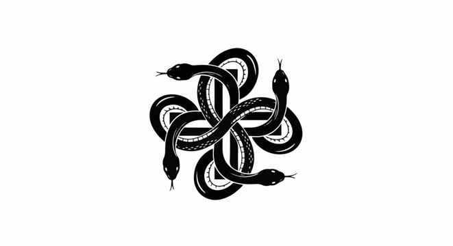 Four intertwined black snakes form a complex knot around a central cross shape