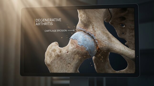 Detailed 3D medical illustration visualizing degenerative arthritis in the human hip joint, depicting cartilage erosion and bone damage, a common musculoskeletal condition