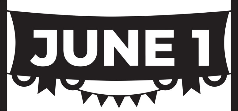 Black and white june first banner with decorative fringe isolated on transparent background, Vector