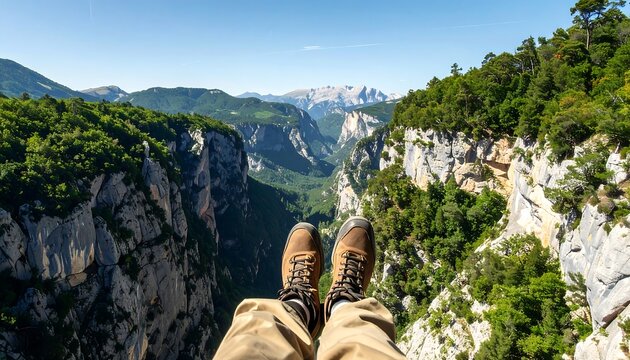 Person's legs & boots dangle over a canyon, scenic mountains visible in the distance, green trees