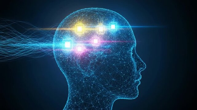 Digital human head silhouette with glowing neural network and chips