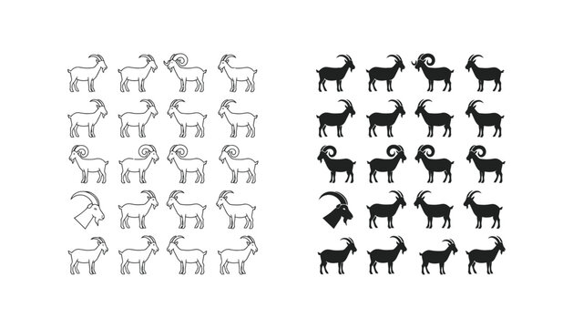 Collection of goat silhouettes showing various breeds and postures in outline and solid black for farm and livestock branding