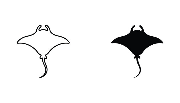 Manta ray sea creature icon set in outline and solid black for marine biology education and ocean conservation awareness designs
