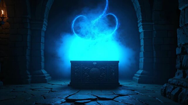This is a digital artwork featuring an ancient hallway with a glowing blue energy emanating from a chest. The room has stone walls and the atmosphere suggests mystery and magic.