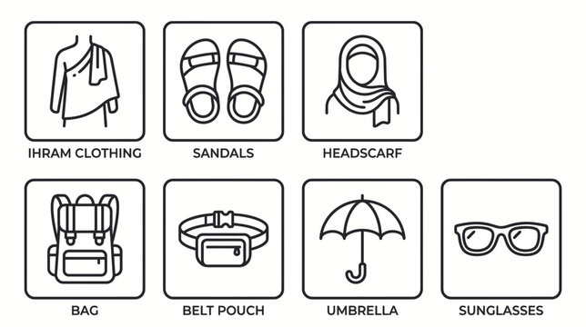 black and white icon set featuring ihram clothing, sandals, headscarf, bag, belt pouch, umbrella, and sunglasses for pilgrims.
