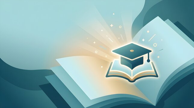 A clean and modern abstract background focusing on graduation and literacy. Featuring a central graduation cap icon floating above a glowing open book, set against a soft teal and blue wave background