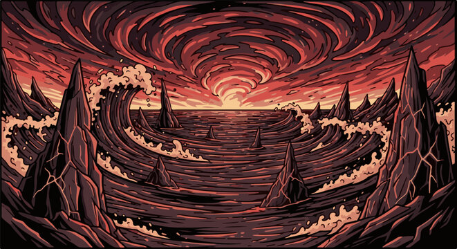 Jagged, dark, rocky spires pierce turbulent, fiery, red ocean waves under a swirling sky