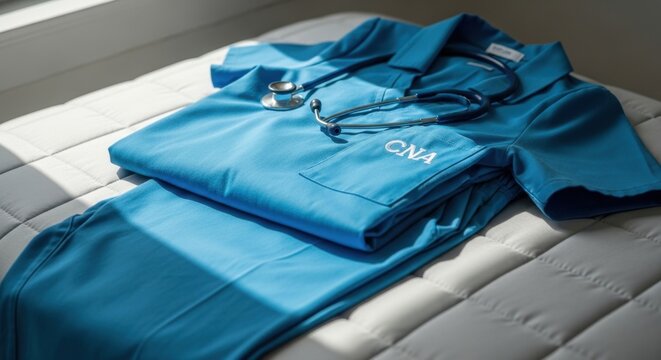 Bright Blue CNA Uniform Draped with Stethoscope